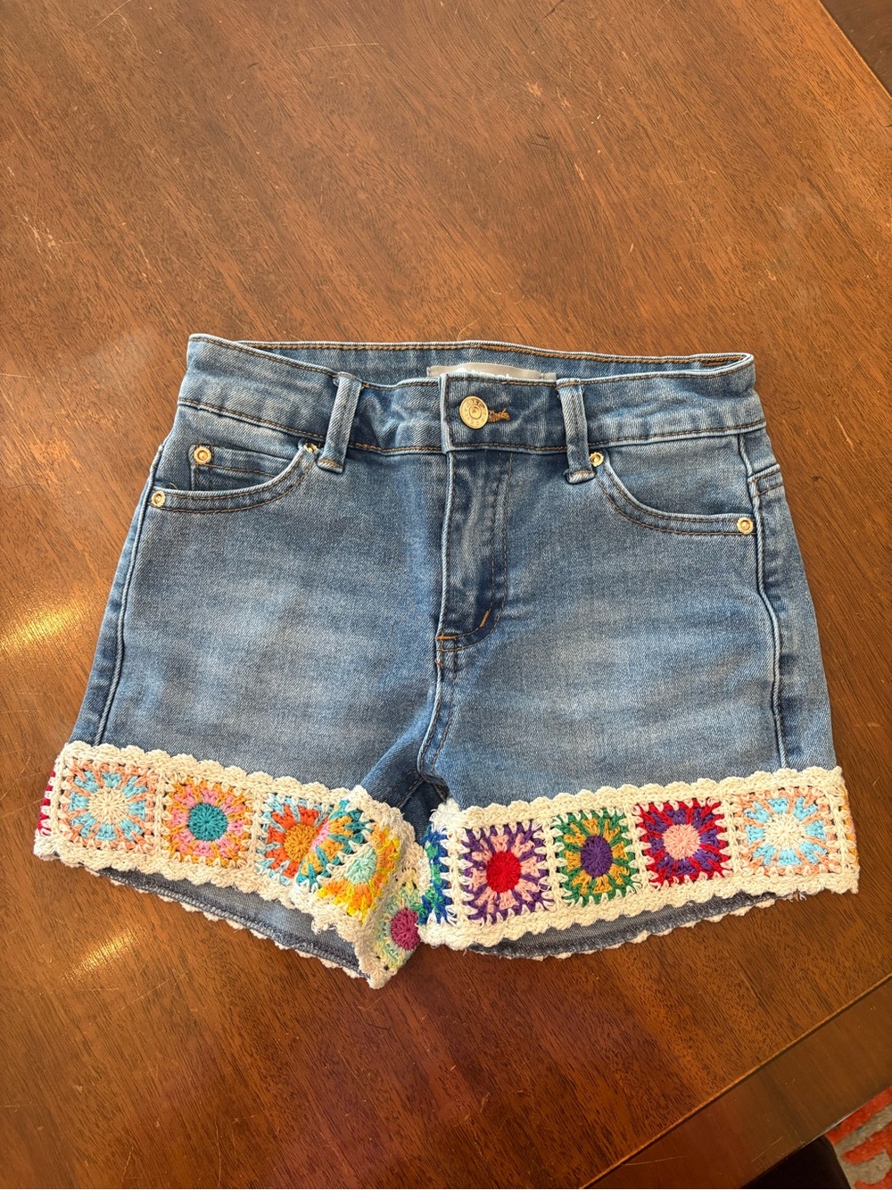 Girls Size 7 Denim Shorts with Colorful Crochet Trim